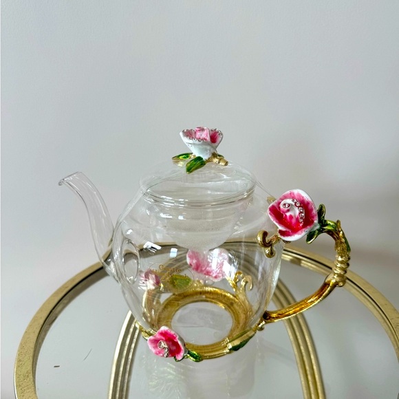 Other - Elegant Glass  Floral Teapot with Pink Accents NWT